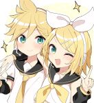  1boy 1girl :d ahoge arm_around_neck bare_shoulders black_sailor_collar black_sleeves blonde_hair blush bow brother_and_sister dani06685637224 detached_sleeves green_eyes hair_bow hair_ornament hairclip hand_on_another&#039;s_shoulder headphones headset highres kagamine_len kagamine_rin light_blush looking_at_viewer midriff_peek neckerchief necktie one_eye_closed open_mouth sailor_collar shirt short_hair short_sleeves siblings sleeveless sleeveless_shirt smile sparkle spiked_hair swept_bangs twins vocaloid yellow_background yellow_neckerchief yellow_necktie 