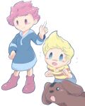  1boy 1girl blonde_hair blue_eyes blue_hood boney boots child deeeen555 dog fireball hood hoodie kumatora lucas_(mother_3) mother_(game) ness_(mother_2) open_mouth pink_background pink_footwear pink_hair shirt short_hair smile striped_clothes t-shirt 