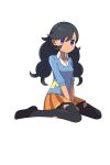  1girl absurdres asatsuki_(fgfff) bangs black_hair black_legwear blue_sweater closed_mouth collarbone collared_shirt commentary_request emma_(pokemon) eyelashes full_body highres long_hair orange_skirt pantyhose pleated_skirt pokemon pokemon_(game) pokemon_xy purple_eyes shirt sitting skirt sleeves_past_elbows solo sweater torn_clothes torn_legwear twintails white_shirt 