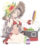  +_+ 1girl ahoge bikini black_horns blue_archive bottle breasts cleavage cooler corn_cob flower food fruit grey_hair halo hat hat_flower highres holding holding_food horns izumi_(blue_archive) izumi_(swimsuit)_(blue_archive) jar large_breasts long_hair nail_polish open_mouth red_bikini red_flower red_footwear red_nails sandals satou_kibi scrunchie simple_background sitting solo sparkle swimsuit very_long_hair watermelon white_background wrist_scrunchie yellow_eyes yellow_flower 