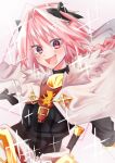  1boy archived_source armored_skirt artist_request astolfo_(fate) black_bow black_shirt blush bow braid cape clenched_hand fang fate/apocrypha fate_(series) fur-trimmed_cape fur_trim hair_bow hair_intakes highres long_braid long_hair male_focus multicolored_hair open_mouth otoko_no_ko pink_hair purple_eyes shirt simple_background single_braid skin_fang smile solo sparkle streaked_hair sword two-tone_hair upper_body weapon white_background white_cape white_hair 