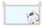  1girl animal_ears blue_background blush_stickers brown_headwear chibi closed_eyes ear_covers facing_viewer gold_ship_(umamusume) gomashio_(goma_feet) grey_hair hat horse_ears mini_hat peeking_out solo umamusume white_background 