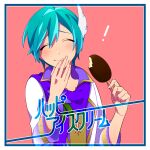  ! 1boy absurdres aqua_hair blush closed_eyes coat commentary_request covering_own_mouth feather_hair_ornament feathers flower flower_brooch food hair_ornament head_tilt highres holding holding_food holding_popsicle kaito_(vocaloid) male_focus pink_background popsicle purple_scarf scarf sennen_no_dokusou_uta_(vocaloid) shio_ice simple_background smile stifled_laugh translated upper_body vocaloid white_coat wide_sleeves 