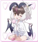  1girl animal_ears bat_ears bat_girl bat_wings brown_eyes brown_hair brown_long-eared_bat_(kemono_friends) cup extra_ears grey_hair heart kemono_friends kemono_friends_v_project long_hair looking_at_viewer official_art one_eye_closed panties shirt simple_background socks solo toothbrush underwear virtual_youtuber white_shirt wings yoshizaki_mine 