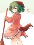 1girl animal_ears ar_(maeus) blush broom commentary_request dog_ears dog_girl dog_tail dress green_eyes green_hair holding holding_broom kasodani_kyouko long_sleeves looking_at_viewer open_mouth pink_dress short_hair solo tail touhou underwear 