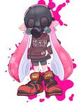  1girl bike_shorts commentary eyes_visible_through_headwear full_body gas_mask hand_on_own_hip highres hood hoodie inkling inkling_girl inkling_player_character long_hair mask pink_hair pointy_ears print_hoodie red_footwear red_hoodie shoes simple_background solo splatoon_(series) standing tentacle_hair tonbofree white_background 