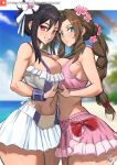  2girls aerith_gainsborough aerith_gainsborough_(pink_mermaid) bikini bikini_skirt braid braided_ponytail breast_press breasts final_fantasy final_fantasy_vii final_fantasy_vii_rebirth final_fantasy_vii_remake flower frilled_bikini frills hair_flower hair_ornament highres large_breasts multiple_girls official_alternate_costume official_alternate_hairstyle pink_bikini smile swimsuit symmetrical_docking tifa_lockhart tifa_lockhart_(shining_spirit) wristband xhaart 