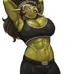 1girl armpits black_shorts blush breasts cleavage ezzydraws female_goblin glasses goblin green_hair highres large_breasts long_hair looking_down muscular muscular_female original pointy_ears shorts solo sweat tank_top toned white_background yellow_eyes 