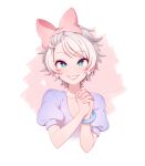  1girl blue_bracelet blush bow breasts bright_pupils cleavage collarbone cropped_torso daisy_duck disney earrings green_eyes grin heart humanization jewelry kiri_futoshi own_hands_clasped own_hands_together pink_bow purple_shirt shirt short_hair short_sleeves smile solo white_hair white_pupils 