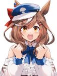  1girl absurdres akitsuki_(oenothera) animal_ears bare_shoulders blue_bow blue_bowtie bow bowtie brown_eyes brown_hair cabbie_hat clenched_hand clothing_cutout collared_shirt commentary ear_piercing eyebrows_visible_through_hair hair_ornament hairclip hands_up hat highres horse_ears horse_girl long_sleeves matikane_tannhauser_(umamusume) medium_hair multicolored_hair open_mouth piercing puffy_long_sleeves puffy_sleeves red_bow shirt shoulder_cutout simple_background solo streaked_hair umamusume white_background white_hair 