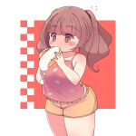  1girl bangs blunt_bangs brown_eyes brown_hair curvy eating highres horoyuki_(gumizoku) lawson no_nose om_nom_nom original outside_border plump simple_background solo thick_thighs thighs twintails 