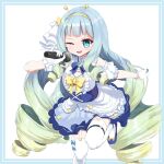  1girl arm_garter blonde_hair blue_bow blue_bowtie blue_brooch blue_eyes blue_footwear blue_hair bow bowtie dress drill_hair footwear_bow frilled_dress frills garter_straps gloves gradient_hair hair_ornament hairband highres holding holding_microphone jelly_hoshiumi jewelry long_hair microphone multicolored_hair not_ashes one_eye_closed open_mouth phase_connect ring solo star_(symbol) star_hair_ornament star_in_eye symbol_in_eye teeth thighhighs upper_teeth_only very_long_hair virtual_youtuber white_garter_straps white_gloves white_thighhighs yellow_bow yellow_bowtie yellow_hairband 