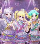  3girls :d arm_up blonde_hair blue_hair blue_skirt blunt_bangs braid collared_shirt commentary_request concert cowboy_shot diamond_earrings earrings frilled_skirt frills green_eyes green_hair grey_hair hands_up hat highres holding holding_microphone idol idol_clothes idol_time_pripara index_finger_raised jacket jewelry jjuu0105 koda_michiru korean_commentary layered_skirt long_hair long_sleeves looking_at_viewer microphone miichiru_(pripara) mini_hat multicolored_hair multiple_girls music nijiiro_nino open_mouth pretty_series pripara puffy_short_sleeves puffy_sleeves purple_background purple_eyes purple_skirt red_eyes sash shirt short_hair short_sleeves shoulder_sash singing skirt smile standing twin_braids two-tone_hair two_side_up very_long_hair wavy_hair white_jacket yumekawa_yui 