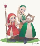  2girls blonde_hair blue_eyes blush braid dragon_quest dragon_quest_xi dress earrings full_body green_hairband hairband harp highres holding holding_staff instrument jewelry long_hair looking_at_another multiple_girls noah_(tettsui-sole) open_mouth red_dress red_headwear senya_(dq11) siblings sisters sitting smile staff twin_braids veronica_(dq11) 
