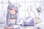  1girl :3 absurdres ahoge animal_ears bell blue_dress blue_eyes blue_ribbon blush braid breasts cape cat_ears cat_tail cleavage dress fuyoyo grey_hair hair_ornament hairpin highres long_hair lying on_stomach open_mouth original pillow ribbon star_(symbol) tail thighhighs window 