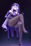  1girl absurdres bare_shoulders barefoot black_gloves black_pantyhose black_swan_(honkai:_star_rail) breasts cleavage commentary_request crossed_legs dress elbow_gloves gloves highres honkai:_star_rail honkai_(series) large_breasts long_hair looking_at_viewer no_shoes pantyhose purple_dress purple_hair sitting sleeveless sleeveless_dress smile solo thick_thighs thighs tierla veil very_long_hair 