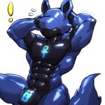abs after_transformation anthro barazoku biceps big_muscles black_latex blue_latex canid canine canis esganoth full_body_suit latex lock_bulge male mammal muscular muscular_anthro muscular_male muscular_sub pecs solo submissive submissive_anthro submissive_male surprised_expression wolf