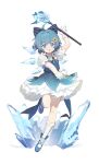  1girl :o absurdres adapted_costume ahoge arm_up blue_bow blue_dress blue_eyes blue_footwear blue_hair bow bowtie cirno commentary dress flower gloves hair_bow hair_flower hair_ornament highres ice ice_wings looking_at_viewer open_mouth petticoat pinafore_dress puffy_short_sleeves puffy_sleeves shirt shoes short_hair short_sleeves simple_background siyumu sleeveless sleeveless_dress snowflakes socks solo sunflower sunflower_hair_ornament touhou wand white_background white_bow white_bowtie white_gloves white_shirt white_socks wings 