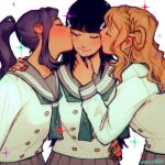  3girls artist_name black_hair blonde_hair blush closed_eyes closed_mouth commentary_request diezmil10000 earrings girl_sandwich green_nails green_neckerchief grey_sailor_collar grey_skirt hand_on_another&#039;s_chin hand_on_another&#039;s_shoulder hand_on_another&#039;s_waist highres jewelry kurosawa_dia long_hair long_sleeves love_live! love_live!_sunshine!! matsuura_kanan multiple_girls neckerchief ohara_mari one_side_up ponytail purple_hair purple_nails red_nails sailor_collar sandwiched school_uniform serafuku shirt single_hair_ring skirt smile spanish_commentary sparkle stud_earrings upper_body uranohoshi_school_uniform white_background white_shirt yuri 