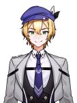  1boy black_vest blonde_hair blue_headwear blue_necktie closed_mouth collared_shirt dokibird_(vtuber) earrings genderswap genderswap_(ftm) green_eyes grey_jacket hat highres indie_virtual_youtuber jacket jewelry looking_at_viewer ma_medha necktie shirt simple_background single_earring smile straight-on tie_clip twitter_username upper_body vest virtual_youtuber white_background white_shirt 