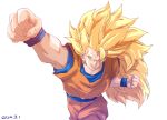  1boy absurdres alternate_eye_color arm_up blonde_hair blue_shirt blue_wristband clenched_hands commentary_request dated dragon_ball dragon_ball_z green_eyes hair_between_eyes highres long_hair looking_at_viewer muscular muscular_male no_eyebrows open_mouth orange_pants orange_vest pants punching serious shirt short_sleeves simple_background solo son_goku spiked_hair super_saiyan super_saiyan_3 very_long_hair vest white_background x&amp;x&amp;x 