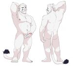 anthro erection felid foreskin fur genitals hand_behind_head holding_own_penis holding_penis humanoid_genitalia humanoid_penis male male/male mammal mtraon muscular muscular_anthro muscular_male nude partially_retracted_foreskin penis saber-toothed_tiger solo standing white_body white_fur