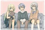  1boy 2girls :d ;d aizawa_ema aizawa_ema_(1st_costume) ankle_socks aqua_hair bare_shoulders between_legs black_gloves blonde_hair blue_dress blue_eyes blue_hair blush brown_cardigan brown_pants cardigan choker clenched_teeth closed_eyes collared_shirt commentary_request couch criss-cross_halter dress fishnet_thighhighs fishnets gloves gradient_hair grey_hair grey_sweater hair_between_eyes hair_down hair_ornament hairclip halter_dress halterneck hand_between_legs higuchi_kaede higuchi_kaede_(1st_costume) hugging_doll hugging_object lace lace-trimmed_skirt lace_choker lace_trim long_hair long_sleeves looking_at_viewer mole mole_under_eye multicolored_hair multiple_girls necktie neo-porte nigirimeshi nijisanji on_couch one_eye_closed open_mouth outline pants plaid plaid_necktie plaid_skirt purple_eyes purple_necktie shirayuki_reid shirt short_hair single_thighhigh sitting skirt sleeves_past_wrists smile snowflake_hair_ornament snowflake_necklace socks striped_background stuffed_animal stuffed_toy sweater teddy_bear teeth thighhighs very_long_hair virtual_youtuber vspo! white_outline white_shirt white_socks 
