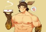  1boy :q abs absurdres bara blush brown_hair colored_skin completely_nude cow fujimachine_(clayten) granblue_fantasy highres holding holding_tray large_pectorals male_focus muscular muscular_male navel nipples nude pectorals short_hair solo stomach tongue tongue_out tray upper_body uriel_(granblue_fantasy) veins winged_hat yellow_skin 