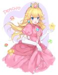  1-up_mushroom 1girl blonde_hair blue_eyes blue_gemstone crown dress earrings fire_flower gem highres jewelry kakizato mario_(series) open_mouth pink_dress princess_peach sphere_earrings super_mushroom super_star_(mario) 