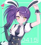  1girl absurdres animal_ears arm_up black_gloves black_necktie breasts closed_mouth collared_shirt elbow_gloves fake_animal_ears gloves green_background hair_between_eyes hand_up highres holding_ear hourai_ninjin long_hair looking_at_viewer medium_breasts necktie pretty_series pripara purple_hair rabbit_ears shirt side_ponytail single_glove solo sweat toudou_shion upper_body white_shirt wrist_cuffs yellow_eyes 