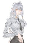  1girl black_necktie braid chuzhuzi996 commentary_request expressionless formal grey_hair highres necktie shirt sidelocks single_braid sky:_children_of_the_light sky_child suit tied_hair timid_bookworm white_background white_shirt yellow_eyes 