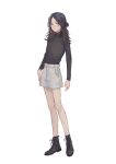  1girl absurdres bare_legs black_footwear black_hair black_shirt boots closed_mouth fishdry full_body hair_bun highres long_hair long_sleeves looking_at_viewer multicolored_hair original parted_bangs shirt shorts simple_background solo standing sweater tachi-e turtleneck white_background white_shorts yellow_eyes 