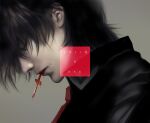  1boy alucard_(hellsing) artist_name black_hair black_shirt blood collared_shirt cross from_side grey_background hellsing highres looking_down male_focus mouth_hold necktie portrait profile red_necktie shirt solo toshimichi_yukari 