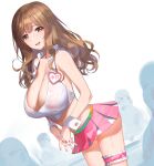  1girl a1 bangs breasts brown_eyes brown_hair cleavage commentary_request copyright_request eyebrows_visible_through_hair fingernails large_breasts leg_garter long_hair looking_at_viewer mole mole_under_eye open_mouth pink_nails pink_skirt skirt smile solo_focus standing sweat thighs wrist_cuffs 