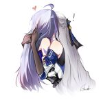  ! 2girls ahoge bare_shoulders bronya_rand brown_gloves glaciel gloves grey_hair heart honkai:_star_rail honkai_(series) implied_kiss long_hair multiple_girls purple_hair seele_(honkai:_star_rail) signature simple_background upper_body white_background yuri 