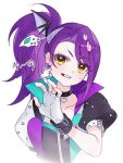  1girl black_choker bracelet cheek_pull choker cropped_torso earrings fingerless_gloves gloves hand_up heart heart_choker jacket jewelry jjuu0105 korean_text long_hair looking_at_viewer open_clothes open_jacket open_mouth pretty_series pripara puffy_short_sleeves puffy_sleeves purple_hair short_sleeves side_ponytail simple_background solo sweatdrop toudou_shion upper_body white_background white_gloves yellow_eyes 
