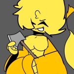 axe blonde_hair breasts eyes_closed featureless_breasts female ghost hair holding_object holding_weapon humanoid melee_weapon mochi_honeybee_658 nude portrait simple_background smile spirit tail teeth three-quarter_portrait tulip_(mochi_honeybee_658) weapon yellow_body