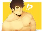  !? 1boy abs absurdres bara blush brown_hair chest_hair facial_hair fujimachine_(clayten) goatee highres large_pectorals long_sideburns looking_at_viewer male_focus mature_male muscular muscular_male nipples nude original out-of-frame_censoring pectoral_focus pectorals short_hair sideburns solo spiked_hair stubble upper_body 