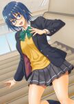  1girl :d bangs blazer blue_eyes blue_hair blue_jacket bow bowtie breasts ciel_(tsukihime) dress_shirt dutch_angle glasses green_bow green_bowtie grey_skirt hand_up hida_tatsuo highres indoors jacket looking_at_viewer medium_breasts open_clothes open_jacket open_mouth pleated_skirt school_uniform shirt short_hair skirt smile solo stairs standing sweater tsukihime tsukihime_(remake) v-neck yellow_sweater 