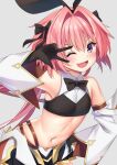  1boy animal_ears astolfo_(fate) astolfo_(saber)_(fate) bare_shoulders black_bow black_bowtie black_gloves black_ribbon blush bow bowtie crop_top fake_animal_ears fang fate/grand_order fate_(series) gloves grey_background hair_between_eyes hair_bow hair_intakes highres ikazu401 long_hair looking_at_viewer male_focus midriff multicolored_hair navel one_eye_closed open_mouth otoko_no_ko pink_hair purple_eyes rabbit_ears ribbon skin_fang smile solo streaked_hair twintails two-tone_hair v_over_eye white_hair 
