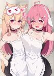 2girls :d absurdres ahoge alternate_costume angry animal_ear_fluff animal_ears apron asymmetrical_docking atsuishio black_choker black_dress blonde_hair blush bow breast_press breasts cat_ears cat_mask cat_tail chinese_commentary chiram_(vtuber) choker collarbone commentary_request dress drooling enmaided eye_mask female_pervert floppy_ears frilled_choker frills gradient_hair hair_bow hair_flaps hair_ornament hairclip hand_on_own_hip hand_up heart heart-shaped_pupils heart_ahoge heart_pendant highres large_breasts long_hair looking_at_viewer lop_rabbit_ears maid mask mask_on_head mole mole_on_breast multicolored_hair multiple_girls nose_blush pendant_choker pervert pink_bow pink_eyes pink_hair pout providence_project rabbit_ears rabbit_hair_ornament reaching reaching_towards_viewer selfie shirako_(vtuber) sleep_mask small_breasts smile streaked_hair symbol-shaped_pupils tail v-shaped_eyebrows white_apron x_hair_ornament yellow_tail 