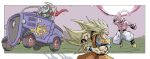  3boys black_sclera blonde_hair cape car colored_sclera colored_skin commentary_request distracted dougi dragon_ball dragon_ball_z driving green_jacket halo highres jacket kamehameha_(dragon_ball) kid_buu long_hair majin_buu mask motor_vehicle multiple_boys n_(n14542698) no_eyebrows pink_skin red_cape red_eyes robot son_goku steering_wheel super_saiyan super_saiyan_3 toriyama_akira_(character) toriyama_akira_(style) 