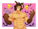  1boy abs absurdres animal_ears animal_hands bara bat black_vest body_fur brown_hair completely_nude cowboy_shot dragalia_lost fujimachine_(clayten) grin groin halloween halloween_costume happy_halloween highres large_pectorals male_focus male_pubic_hair messy_hair muscular muscular_male navel navel_hair nipples nude off_shoulder one_eye_closed out-of-frame_censoring partially_unbuttoned pectoral_cleavage pectorals pubic_hair ranzal_(dragalia_lost) red_eyes short_hair smile solo stomach tooth_necklace veins vest wolf_boy wolf_ears 