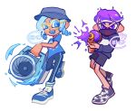  2boys black_headwear blue_eyes blue_hair commentary commission full_body glasses gun hat holding holding_gun holding_weapon inkling inkling_boy inkling_player_character male_focus mask medium_hair mouth_mask multiple_boys octoling octoling_boy octoling_player_character open_mouth pointy_ears purple_eyes purple_hair round_eyewear short_hair simple_background sloshing_machine_(splatoon) smile splatoon_(series) splatoon_3 splattershot_(splatoon) standing standing_on_one_leg teeth tentacle_hair tokkibada upper_teeth_only weapon white_background yellow-framed_eyewear 