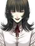  1girl black_hair braces choppy_bangs collared_shirt commentary dress_shirt ear_piercing grey_eyes highres hoshi_san_3 looking_at_viewer medium_hair neck_ribbon one_eye_closed open_mouth original piercing red_ribbon ribbon shirt simple_background solo teeth upper_body upper_teeth_only white_background white_shirt wolf_cut 