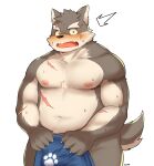 1boy absurdres animal_ears bara belly blush bulge covering covering_crotch embarrassed feet_out_of_frame forked_eyebrows fujimachine_(clayten) furry furry_male highres looking_at_viewer male_focus moritaka_(housamo) muscular muscular_male navel nipples paw_print pectorals plump scar scar_on_cheek scar_on_chest scar_on_face short_hair solo stomach surprised tail thick_eyebrows tokyo_afterschool_summoners wolf_boy wolf_ears wolf_tail 