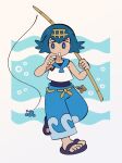  1girl :o absurdres billspooks blue_eyes blue_footwear blue_hair blue_pants blue_sailor_collar bright_pupils bubble fishing_rod full_body hairband hand_on_own_cheek hand_on_own_face highres holding holding_fishing_rod lana_(pokemon) looking_to_the_side one-piece_swimsuit open_mouth pants pokemon pokemon_sm popplio sailor_collar sandals shirt short_hair simple_background sleeveless solo standing standing_on_one_leg swimsuit swimsuit_under_clothes waves white_background 