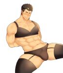  1boy :s abs arms_behind_back bara black_bra black_hair black_legwear black_panties blush bra bulge crossdressing embarrassed facial_hair feet_out_of_frame fujimachine_(clayten) garter_straps highres large_pectorals looking_at_viewer male_focus mature_male muscular muscular_male navel panties pectoral_cleavage pectorals shiny shiny_skin short_hair sideburns solo spread_legs stomach stubble thick_thighs thighhighs thighs tokyo_afterschool_summoners underwear zabaniya_(housamo) 