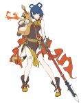  1girl bare_legs blue_hair brown_dress dress fire genshin_impact guoba_(genshin_impact) highres holding holding_polearm holding_weapon multicolored_clothes multicolored_dress polearm pyrokinesis side_slit simple_background smile solo spear standing uaaaou weapon white_background xiangling_(genshin_impact) yellow_dress yellow_eyes 