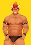  1boy abs absurdres armlet bara black_male_underwear blush bowser bracelet briefs bulge collar commentary dark-skinned_male dark_skin english_commentary feet_out_of_frame fujimachine_(clayten) grin groin highres horns humanization jewelry large_pectorals looking_at_viewer male_focus male_pubic_hair male_underwear male_underwear_pull mario_(series) muscular muscular_male navel navel_hair nipples orange_hair pectorals personification pointy_ears pubic_hair seductive_smile short_hair sideburns smile solo spiked_armlet spiked_bracelet spiked_collar spikes stomach super_smash_bros. thick_thighs thighs topless_male underwear underwear_only yellow_background 